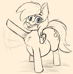 Size: 1043x1049 | Tagged: safe, artist:somefrigginnerd, derpibooru import, derpy hooves, pegasus, pony, aderpose, belly, chest fluff, envelope, fat, female, image, jpeg, large butt, looking at you, mail, mare, monochrome, mouth hold, simple background, smiling, smiling at you, solo, waving