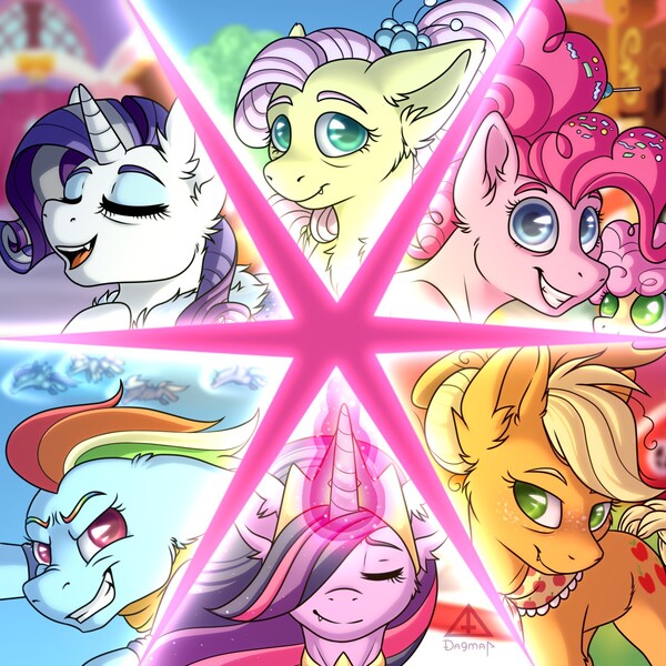 Size: 1280x1280 | Tagged: safe, artist:da9mar, derpibooru import, applejack, fluttershy, li'l cheese, pinkie pie, princess twilight 2.0, rainbow dash, rarity, twilight sparkle, twilight sparkle (alicorn), alicorn, earth pony, pegasus, pony, unicorn, the last problem, eyes closed, female, foal, image, jpeg, mane six, mare, older, older applejack, older fluttershy, older pinkie pie, older rainbow dash, older rarity, older twilight, signature, smiling