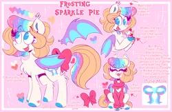 Size: 1280x836 | Tagged: safe, artist:shebasoda, derpibooru import, oc, oc:frosting sparkle pie, unofficial characters only, bat pony, pony, :p, bat pony oc, bat wings, blood, bow, cherry, chest fluff, closed mouth, clothes, colored hooves, colored wings, cupcake, ear tufts, elbow fluff, eyes closed, fangs, female, folded wings, food, heart, hoof heart, image, leg fluff, looking at you, mare, multicolored wings, pink background, png, reference sheet, simple background, sitting, sparkles, sparkly mane, sparkly tail, spread wings, standing, sweater, tail, tail bow, teal eyes, text, tongue out, turtleneck, underhoof, wings