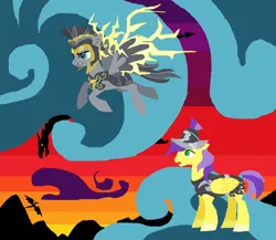 Size: 1026x890 | Tagged: safe, artist:foldawaywings, derpibooru import, commander hurricane, private pansy, dragon, pegasus, pony, hearth's warming eve (episode), armor, cloud, duo focus, electricity, electrokinesis, evening, female, flying, helmet, image, male, mare, on a cloud, png, stallion, standing on a cloud