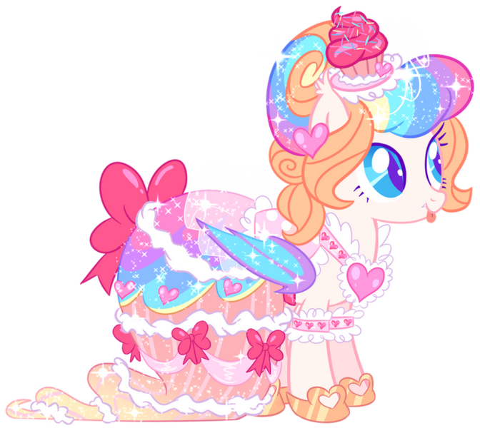 Size: 828x739 | Tagged: safe, artist:shebasoda, derpibooru import, oc, oc:frosting sparkle pie, unofficial characters only, bat pony, pony, bat pony oc, bat wings, bow, clothes, colored eyelashes, colored pupils, colored wings, cupcake, detatched sleeves, dress, ear tufts, fangs, female, folded wings, food, gala dress, hair bun, hat, hoof shoes, image, lace, mare, multicolored wings, png, ribbon, simple background, slit pupils, solo, sparkly mane, sparkly tail, sparkly wings, standing, tail, teal eyes, tongue out, transparent background, wings