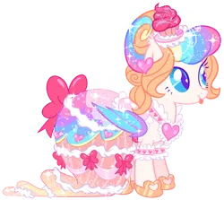 Size: 828x739 | Tagged: safe, artist:shebasoda, derpibooru import, oc, oc:frosting sparkle pie, unofficial characters only, bat pony, pony, bat pony oc, bat wings, bow, clothes, colored eyelashes, colored pupils, colored wings, cupcake, detatched sleeves, dress, ear tufts, fangs, female, folded wings, food, gala dress, hair bun, hat, hoof shoes, image, lace, mare, multicolored wings, png, ribbon, simple background, slit pupils, solo, sparkly mane, sparkly tail, sparkly wings, standing, tail, teal eyes, tongue out, transparent background, wings