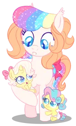 Size: 828x1367 | Tagged: safe, artist:shebasoda, derpibooru import, baby frosting, baby sugarcake, oc, oc:frosting sparkle pie, bat pony, earth pony, pony, unicorn, g1, baby, baby pony, bat pony oc, bat wings, blue eyes, bow, closed mouth, colored wings, cyan eyes, diaper, ear tufts, fangs, folded wings, frown, g1 to g4, g4, generation leap, hair bow, holding baby, image, looking at each other, looking at someone, looking down, looking up, multicolored wings, open mouth, png, simple background, slit pupils, smiling, sparkly mane, sparkly tail, standing, tail, tail bow, teal eyes, transparent background, trio, wings