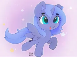 Size: 4000x3000 | Tagged: safe, artist:zokkili, derpibooru import, princess luna, alicorn, pony, beanbrows, cute, ear fluff, eyebrows, eyebrows visible through hair, female, high res, horn, image, jpeg, lunabetes, open mouth, open smile, raised hoof, raised leg, signature, smiling, solo, spread wings, stars, wings