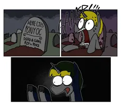 Size: 1008x900 | Tagged: safe, artist:punkittdev, derpibooru import, oc, unofficial characters only, pony, unicorn, comic, gasp, grave, gravestone, graveyard, image, open mouth, png, solo