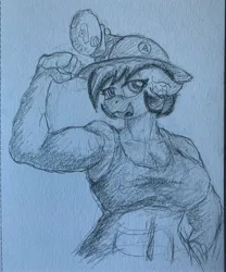 Size: 3024x3629 | Tagged: safe, artist:reddthebat, derpibooru import, oc, oc:number nine, unofficial characters only, anthro, earth pony, pony, belly button, bicep flex, biceps, breasts, busty oc, cleavage, female, flexing, floppy ears, headlamp, helmet, image, jpeg, looking at you, mare, midriff, mining helmet, monochrome, muscles, muscular female, open mouth, open smile, sketch, smiling, smiling at you