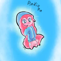 Size: 1900x1900 | Tagged: safe, artist:just loq, derpibooru import, pinkie pie, earth pony, pony, blue background, blue eyes, clothes, hoodie, image, png, signature, simple background, solo