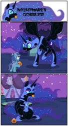 Size: 1280x2357 | Tagged: safe, artist:bbbhuey, derpibooru import, nightmare moon, alicorn, pony, comic:nightmare's gobbles!, butt, comic, female, filly, foal, image, jpeg, mare, mouth hold, plot, predmare moon, tongue out, vore