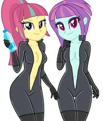 Size: 1886x2223 | Tagged: suggestive, artist:yaya54320bases, derpibooru import, sour sweet, sunny flare, human, equestria girls, breasts, busty sour sweet, busty sunny flare, catsuit, clothes, duo, duo female, eyeshadow, female, gloves, image, latex, latex gloves, latex suit, makeup, png, simple background, smiling, white background