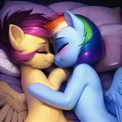 Size: 2560x2560 | Tagged: safe, derpibooru import, machine learning generated, novelai, stable diffusion, rainbow dash, scootaloo, pegasus, pony, ai content, bed, blushing, cuddling, cute, duo, duo female, eyes closed, female, filly, foal, hug, image, jpeg, lying down, mare, on bed, pillow, prompter:endless--, siblings, side, sisters, sleeping, smiling, snuggling, spread wings, wings