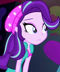 Size: 2586x3072 | Tagged: safe, derpibooru import, screencap, starlight glimmer, human, equestria girls, mirror magic, spoiler:eqg specials, beanie, breasts, canterlot mall, cinema, cropped, female, frown, hat, image, jpeg, solo