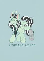 Size: 1462x2048 | Tagged: safe, artist:mscolorsplash, derpibooru import, ponified, monster pony, pony, unicorn, blue background, female, frankie stein, heterochromia, image, mare, monster high, name, png, robotic legs, simple background, solo, stitches