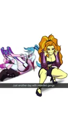 Size: 1080x1920 | Tagged: suggestive, artist:guyser3, derpibooru import, adagio dazzle, aria blaze, sonata dusk, human, equestria girls, breasts, busty adagio dazzle, cleavage, clothes, devil horn (gesture), female, fight, high heels, image, jpeg, lip bite, shoes, simple background, text, the dazzlings, trio, trio female, video at source, white background