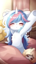 Size: 1003x1771 | Tagged: source needed, safe, artist:yilo, derpibooru import, oc, oc:moontrace, unofficial characters only, pony, unicorn, eyes closed, female, image, morning ponies, multicolored hair, plushie, png, solo, stretch, waking up