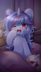 Size: 1003x1771 | Tagged: source needed, safe, artist:yilo, derpibooru import, oc, oc:moontrace, unofficial characters only, pony, unicorn, image, multicolored hair, night, plushie, png, red eyes, solo, yawn