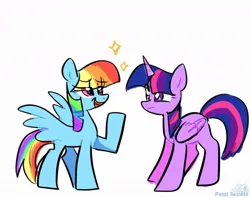 Size: 1024x810 | Tagged: safe, artist:petaltwinkle, derpibooru import, rainbow dash, twilight sparkle, twilight sparkle (alicorn), alicorn, pegasus, pony, alternate hairstyle, duo, eye clipping through hair, eyebrows, eyebrows visible through hair, female, image, jpeg, mane swap, manebow sparkle, mare, open mouth, open smile, raised eyebrow, signature, simple background, smiling, sparkles, twilight sparkle is not amused, unamused, white background