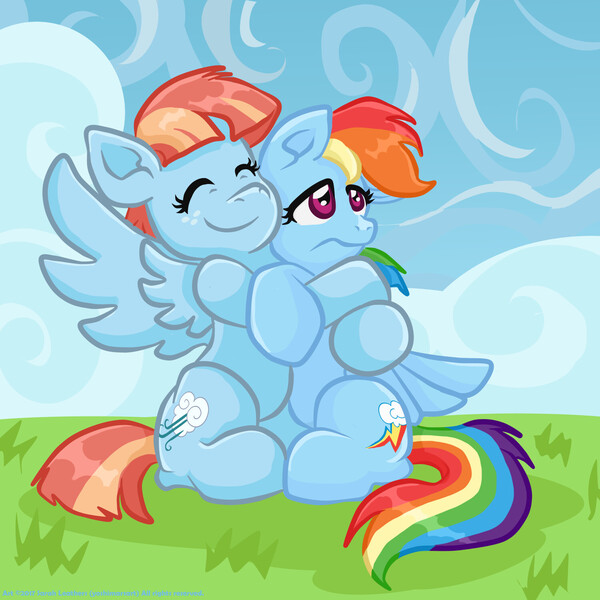 Size: 1500x1500 | Tagged: safe, artist:yoshimarsart, derpibooru import, rainbow dash, windy whistles, pegasus, pony, cloud, cute, dashabetes, duo, duo female, female, freckles, hug, image, jpeg, like mother like daughter, like parent like child, mare, mother and child, mother and daughter, sitting, sky, smiling, spread wings, watermark, windybetes, wings