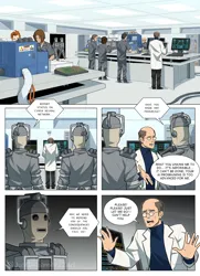 Size: 1022x1414 | Tagged: safe, artist:justdreamer22, derpibooru import, cyberman, comic:attack of the cyberman, g5, clothes, crossover, doctor who, enslaved, image, lab coat, laboratory, mondasian cyberman, png, professor