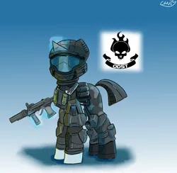 Size: 2963x2894 | Tagged: safe, artist:cavity, derpibooru import, oc, unofficial characters only, armor, gradient background, gun, halo (series), helmet, image, jpeg, odst, solo, weapon