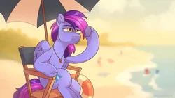 Size: 1920x1080 | Tagged: safe, artist:skysorbett, derpibooru import, oc, oc:sea wave, pegasus, pony, beach, beach umbrella, chair, floaty, image, inner tube, lifeguard, male, ocean, pegasus oc, png, pool toy, sitting, solo, stallion, umbrella, water, whistle, whistle necklace, wings