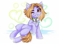 Size: 1600x1200 | Tagged: safe, artist:falafeljake, derpibooru import, oc, unofficial characters only, earth pony, pony, bowtie, chest fluff, ear fluff, earth pony oc, eye clipping through hair, eyebrows, eyebrows visible through hair, female, grin, image, jpeg, looking at you, mare, one eye closed, smiling, smiling at you, solo, wink, winking at you