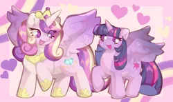 Size: 3192x1888 | Tagged: safe, artist:lumiville, derpibooru import, princess cadance, twilight sparkle, twilight sparkle (alicorn), alicorn, pony, duo, duo female, eye clipping through hair, female, heart, horn, image, looking at each other, looking at someone, mare, open mouth, open smile, png, raised hoof, sisters-in-law, smiling, smiling at each other, smiling at someone, spread wings, wings