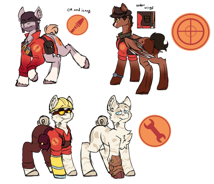 Size: 2000x1722 | Tagged: safe, artist:black_marker, derpibooru import, ponified, earth pony, pegasus, pony, amputee, chest fluff, clothes, ear fluff, image, png, prosthetic limb, prosthetics, reference, reference sheet, team fortress 2