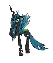 Size: 1000x1200 | Tagged: artist needed, source needed, useless source url, safe, queen chrysalis, changeling, changeling queen, female, grin, hoof on chin, image, lidded eyes, looking at you, png, raised hoof, raised leg, simple background, slit eyes, smiling, solo, standing, white background