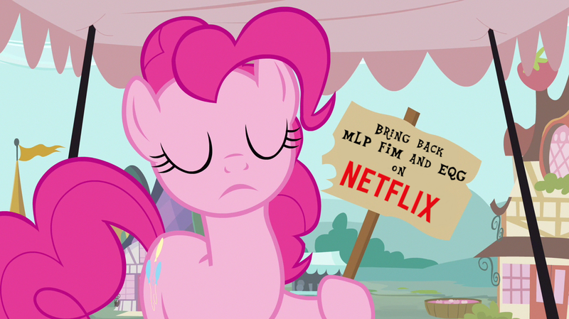 Size: 1280x719 | Tagged: safe, edit, edited screencap, ponerpics import, ponybooru import, screencap, pinkie pie, earth pony, putting your hoof down, eyes closed, female, image, meme, netflix, netflix logo, png, sign, solo, solo female