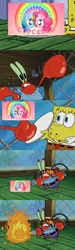 Size: 1148x3840 | Tagged: safe, artist:misterdavey, ponerpics import, ponybooru import, pinkie pie, rainbow dash, earth pony, pegasus, cupcakes hd, flamethrower, image, krusty krab, meme, mr. krabs, png, spongebob squarepants, spongebob squarepants (character), weapon