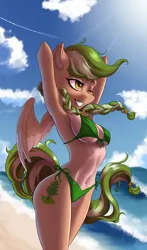 Size: 1676x2854 | Tagged: suggestive, artist:qbellas, derpibooru import, oc, oc:sylvia evergreen, unofficial characters only, anthro, pegasus, anthro oc, armpits, beach, belly button, bikini, braid, breasts, clothes, image, pegasus oc, png, sky, solo, sun, swimsuit, water, wings