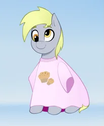 Size: 825x1008 | Tagged: safe, artist:waffletheheadmare, derpibooru import, derpy hooves, clothes, cross-eyed, food, image, muffin, oversized clothes, oversized shirt, pink, png, shirt, simple background, sitting, smiling, t-shirt