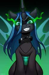 Size: 1300x2000 | Tagged: safe, artist:sugarstar, derpibooru import, queen chrysalis, changeling, changeling queen, pony, collaboration, collaboration:meet the best showpony, collar, evil, female, gradient background, image, looking at you, magic, png, smiling, solo, spread wings, wings