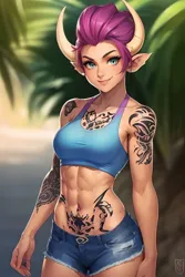 Size: 1024x1536 | Tagged: suggestive, derpibooru import, editor:sammykun, machine learning generated, smolder, human, abs, ai content, belly button, big ears, blurry background, breasts, busty smolder, clothes, denim, denim shorts, elf ears, female, horn, humanized, image, looking at you, midriff, older, older smolder, outdoors, palm tree, plant, png, prompter:sammykun, reasonably sized breasts, short hair, shorts, solo, solo female, tanktop, tanned, tattoo, thighs, tree