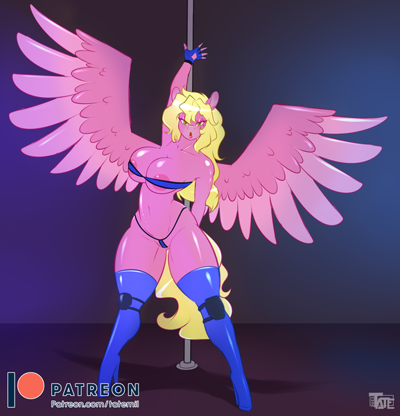 Size: 865x900 | Tagged: suggestive, artist:tatemil, derpibooru import, oc, anthro, pegasus, areola, boots, breasts, clothes, fingerless gloves, gloves, high heel boots, image, panties, png, pole dancing, sexy, shoes, spread wings, stripper pole, thigh boots, thong, underwear, wings