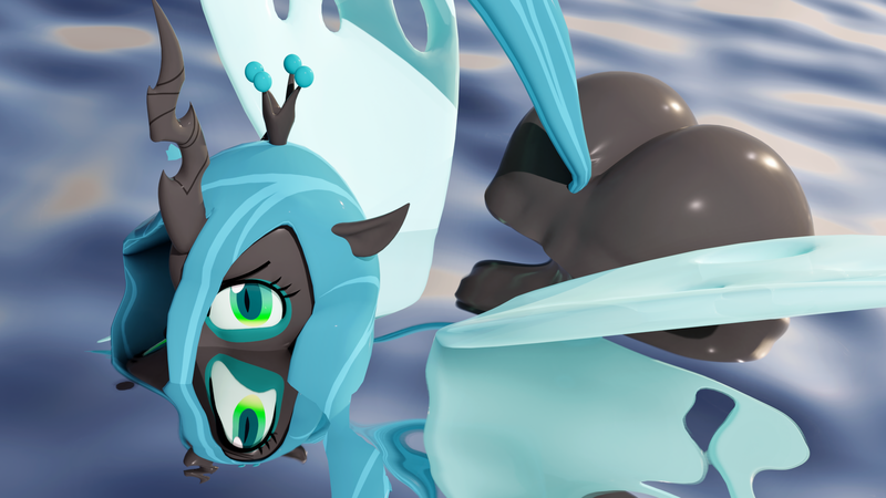 Size: 1920x1080 | Tagged: suggestive, artist:camchao, artist:jeijei, derpibooru import, queen chrysalis, anthro, changeling, changeling queen, 3d, angry, angry eyes, ass, blender, blender cycles, bugbutt, butt, chrysalass, crown, female, image, jewelry, looking at you, partially submerged, png, regalia, tail, water, wings