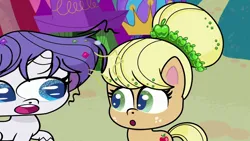 Size: 1280x720 | Tagged: safe, derpibooru import, screencap, applejack, rarity, earth pony, pony, unicorn, my little pony: pony life, spoiler:pony life s02e17, alternate hairstyle, blonde hair, blonde mane, female, great moments in animation, image, mare, png, poggers, purple hair, purple mane, smear frame, what goes updo