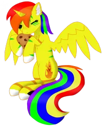 Size: 1010x1230 | Tagged: safe, artist:starfire dream, derpibooru import, oc, oc:grace seraph, unofficial characters only, alicorn, pony, alicorn oc, chest fluff, cookie, cute, ear fluff, female, food, horn, image, mare, multicolored mane, multicolored tail, png, simple background, solo, spread wings, tail, transparent background, wings