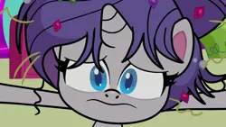 Size: 1280x720 | Tagged: safe, derpibooru import, screencap, rarity, unicorn, my little pony: pony life, spoiler:pony life s02e17, alternate hairstyle, blue eyes, eyelashes, frown, horn, image, looking at someone, messy hair, messy mane, png, purple hair, purple mane, pushing, what goes updo, white fur