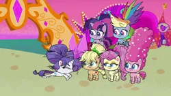 Size: 1280x720 | Tagged: safe, derpibooru import, screencap, applejack, fluttershy, pinkie pie, rainbow dash, rarity, twilight sparkle, twilight sparkle (alicorn), alicorn, my little pony: pony life, spoiler:pony life s02e17, alternate hairstyle, beehive hairdo, blonde hair, blonde mane, great moments in animation, hiding, image, lidded eyes, long hair, long mane, mane six, multicolored hair, multicolored mane, pink hair, pink mane, png, ponytail, purple hair, purple mane, smear frame, what goes updo