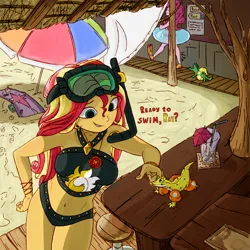 Size: 1500x1500 | Tagged: safe, artist:lef-fa, derpibooru import, gummy, pinkie pie, ray, sunset shimmer, alligator, gecko, human, equestria girls, beach, beach towel, beach umbrella, belly button, bikini, clothes, dialogue, dive mask, duo focus, female, flippers (gear), goggles, image, inner tube, png, pool toy, snorkel, swimsuit, towel, umbrella, water wings