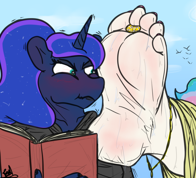 Size: 2503x2277 | Tagged: suggestive, artist:fetishsketches, derpibooru import, princess celestia, princess luna, alicorn, anthro, plantigrade anthro, :t, anklet, big feet, blushing, book, feet, female, fetish, foot fetish, giantess, image, jewelry, luna is not amused, macro, png, size difference, soles, toe ring, unamused