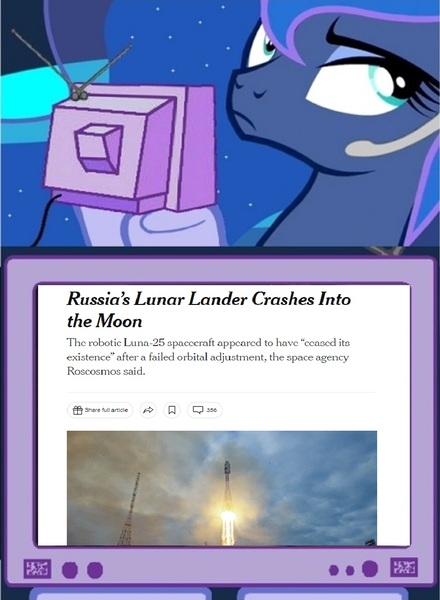 Size: 889x1212 | Tagged: safe, derpibooru import, princess luna, alicorn, pony, crash, current events, exploitable meme, female, image, jpeg, mare, meme, moon, new york times, obligatory pony, photo, rocket, russia, television, text, tv meme