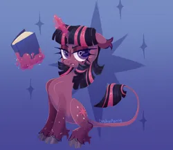 Size: 2048x1781 | Tagged: safe, artist:bishopony, derpibooru import, twilight sparkle, classical unicorn, pony, unicorn, alternate design, angry, book, cloven hooves, colored pupils, fangs, frown, gradient background, grumpy, horn, image, jpeg, leonine tail, magic, magic aura, scowl, solo, telekinesis, unicorn twilight, unshorn fetlocks