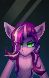 Size: 1535x2447 | Tagged: safe, artist:setharu, derpibooru import, starlight glimmer, changeling, changeling queen, pony, unicorn, bust, collaboration, collaboration:meet the best showpony, female, gradient background, horn, image, looking at you, mare, png, portrait, solo