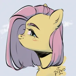 Size: 2300x2300 | Tagged: safe, artist:piwo, derpibooru import, fluttershy, pegasus, pony, alternate hairstyle, aside glance, blushing, bust, chest fluff, cloud, colored, cute, eyebrows, female, g4, high res, image, looking at you, mare, png, portrait, profile, sideways glance, simple background, sketch, sky, smiling, solo