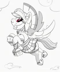 Size: 1915x2302 | Tagged: safe, artist:pabbley, derpibooru import, rainbow dash, pegasus, pony, armor, clothes, cute, dashabetes, female, flying, grayscale, helmet, image, jpeg, legionary, looking at you, lunchbox, mare, monochrome, partial color, simple background, skirt, smiling, smiling at you, solo, white background