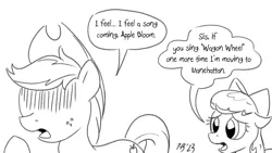 Size: 1200x675 | Tagged: safe, artist:pony-berserker, derpibooru import, apple bloom, applejack, earth pony, pony, country music, dialogue, duo, female, filly, foal, grayscale, hidden eyes, image, mare, monochrome, png, pony-berserker's twitter sketches, pony-berserker's twitter sketches (2023), simple background, speech bubble, white background