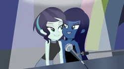 Size: 1920x1077 | Tagged: safe, artist:grapefruit-face, derpibooru import, screencap, coloratura, oc, oc:starlight pianissimo, equestria girls, bedroom eyes, canon x oc, derpibooru exclusive, duo, image, lidded eyes, looking at each other, looking at someone, musical instrument, piano, png, rule 63, shipping, spotlight