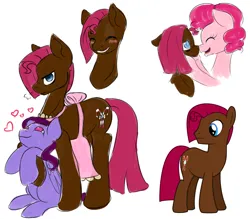 Size: 4000x3500 | Tagged: safe, artist:grace-likes-cake, derpibooru import, pinkie pie, oc, oc:gumdrop, unnamed oc, earth pony, pony, apron, blushing, boop, clothes, colt, female, foal, grin, heart, image, jpeg, male, mare, mother and child, mother and son, no pupils, nose wrinkle, noseboop, offspring, open mouth, open smile, parent:cheese sandwich, parent:pinkie pie, parents:cheesepie, simple background, smiling, stallion, trio, white background